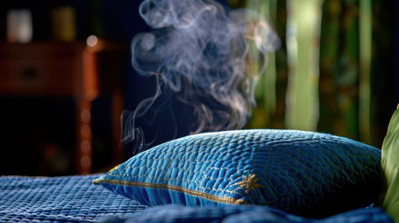 A serene image capturing steam gently rising from a plush blue pillow in an inviting bedroom, highlighting comfort and tranquility in soothing colors.の素材