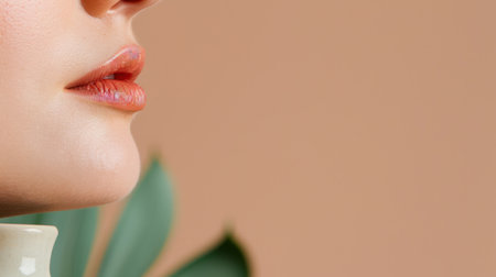 This image features a close-up profile of a woman showcasing her soft lips and natural makeup against a warm beige background, embodying minimalist beauty.の素材