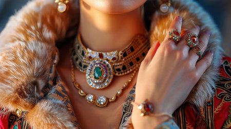 A close-up of a stylish woman showcasing exquisite jewelry pieces, including a stunning necklace, rings, and earrings, highlighted by a luxurious fur accent.の素材