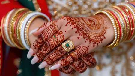 Close-up of beautifully decorated hands showcasing intricate henna designs and traditional jewelry, highlighting cultural elegance and festive celebration.の素材