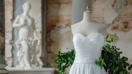 A stunning bridal gown elegantly displayed on a mannequin in a historical venue, surrounded by lush greenery and a beautiful artistic backdrop.の素材