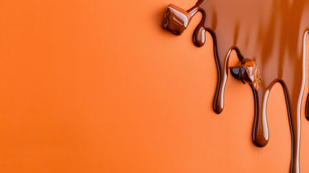 A vibrant image showcasing rich chocolate in a glossy drizzle over a bright orange background, ideal for highlighting desserts and sweet culinary creations.の素材