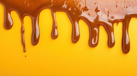 A vibrant yellow background showcases thick chocolate sauce dripping elegantly, perfect for desserts or culinary designs evoking sweetness and indulgence.の素材