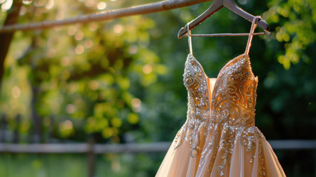 A stunning gown with intricate beading hangs gracefully outdoors, capturing soft natural light and surrounded by lush greenery, perfect for elegant occasions.の素材