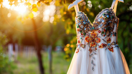 A breathtaking evening dress with intricate designs and vibrant colors hangs elegantly on a wooden hanger, illuminated by soft sunlight in a serene outdoor setting.の素材