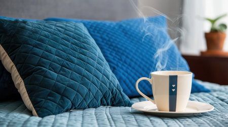 A serene morning scene features a steaming cup of coffee or tea placed on a elegant plate, surrounded by soft cushions and a cozy quilt, creating a tranquil atmosphere perfect for relaxation.の素材