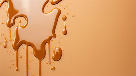 A captivating image of fluid caramel syrup flowing down on a smooth surface with an inviting orange backdrop, ideal for food-related projects.の素材