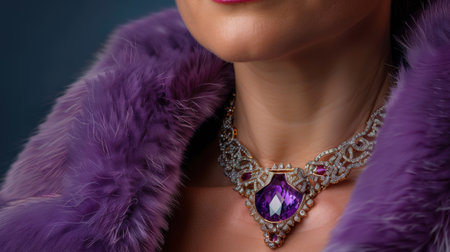 A close-up portrait of an elegant woman adorned with luxurious purple jewelry featuring a stunning amethyst centerpiece and a fashionable fur coat.の素材