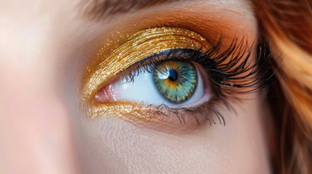 This captivating close-up image features stunning eye makeup with gold glitter and a striking blue-green eye color. Perfect for beauty and fashion themes.の素材