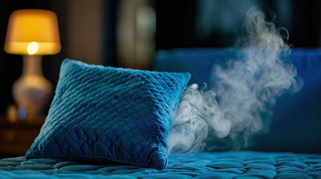 A blue pillow sits on a bed, with gentle steam rising, creating a warm and inviting atmosphere in a cozy bedroom setting at night.の素材