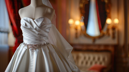 This stunning bridal gown features exquisite details, draped fabric, and a classic silhouette, perfect for any elegant wedding or romantic occasion.の素材