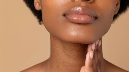 This close-up image features a young woman showcasing her healthy, glowing skin while engaging in self-care. Her serene expression and gentle touch convey a sense of confidence and elegance. The minimalist background highlights the natural beauty and emphasizes wellness, making it perfect for beauty, skincare, and self-care themes.の素材
