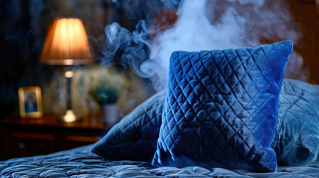 A serene bedroom setting featuring a blue velvet pillow atop a bed, surrounded by soft smoke and warm lamp light, creating a cozy ambiance.の素材