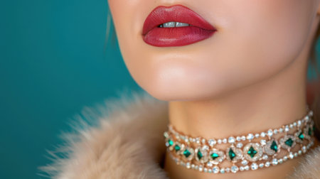 This close-up image showcases elegant makeup featuring bold lips and a beautiful choker adorned with pearls, against a soft teal background, highlighting beauty and sophistication.の素材