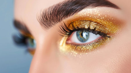 This stunning close-up image showcases beautiful eyes adorned with shimmering gold glitter makeup and long, elegant lashes, perfect for beauty enthusiasts.の素材