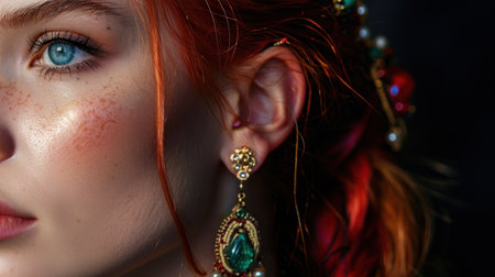This captivating close-up portrait features a young woman with striking freckles and vibrant hair accessories, exuding elegance and beauty against a dark background.の素材