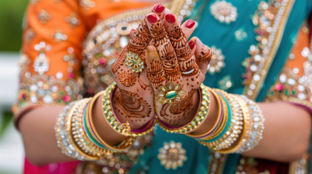 Close-up view of beautifully adorned hands featuring intricate henna patterns and colorful bangles, symbolizing cultural heritage and artistry in celebration.の素材