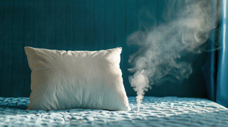 A serene scene featuring a soft white pillow placed on a bed, with delicate smoke trails rising in a calming blue atmosphere, evoking peace and relaxation.の素材