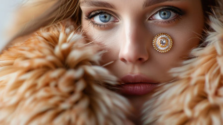 This stunning close-up portrait showcases a beautiful woman with striking blue eyes, adorned with a fashionable brooch, set against a luxurious fur coat backdrop.の素材