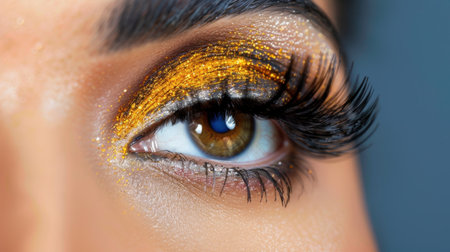 This close-up image showcases a mesmerizing eye adorned with stunning gold glitter makeup and voluminous lashes, emphasizing beauty and artistry.の素材