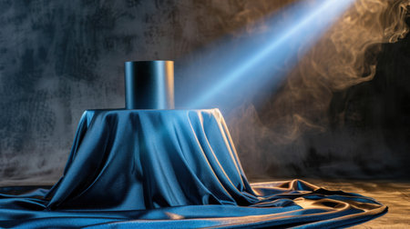 A captivating composition showcasing a black pedestal draped in blue fabric, illuminated by a dramatic beam of light, creating an air of mystery.の素材
