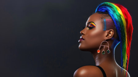 This striking portrait showcases a confident woman with vibrant rainbow hair, bold makeup, and stylish earrings against a dark backdrop. The image captures beauty, creativity, and individuality, emphasizing a unique sense of style and expression.の素材