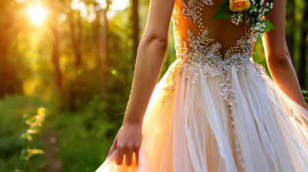 A stunning bride showcases her flowing wedding gown with floral details, surrounded by a sunlit forest, creating a perfect blend of romance and nature.の素材
