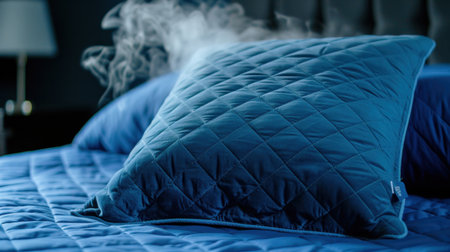 A cozy bedroom scene showcasing a blue quilted pillow with steam rising, emphasizing comfort and a relaxed atmosphere perfect for unwinding.の素材