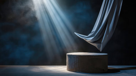 A mesmerizing composition featuring a gently draped fabric suspended above a circular platform, illuminated by soft, dramatic light in a dark studio, creating an atmospheric and serene visual experience.の素材