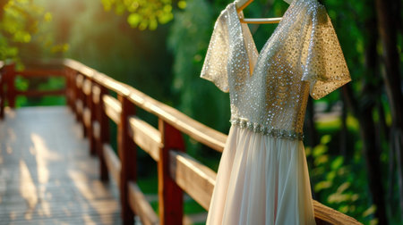 An elegant dress with sparkling details hangs gracefully on a wooden bridge, bathed in golden light surrounded by lush greenery. The serene setting enhances the dress's beauty, making it perfect for bridal or evening wear photography.の素材