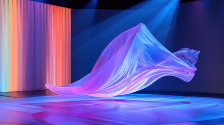 This stunning image captures a flowing fabric suspended in mid-air, illuminated by colorful lights, creating an ethereal and captivating atmosphere.の素材