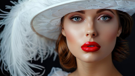 A stunning close-up portrait of an elegant young woman showcasing glamorous makeup with striking red lips and a chic white hat adorned with feathers.の素材