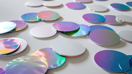 A stunning array of colorful iridescent circular discs scattered across a white background, showcasing a vibrant interplay of light and reflections.の素材