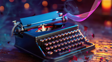 A captivating vintage typewriter sits on a rustic wooden table, surrounded by vibrant smoke and scattered rose petals, creating a cozy and artistic atmosphere perfect for inspiration.の素材