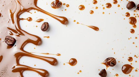 A visually enticing arrangement featuring rich coffee and caramel drizzles alongside scattered coffee beans on a clean white surface. Perfect for food-related themes.の素材