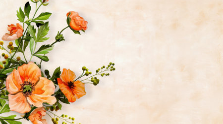 This image features a delicate arrangement of orange flowers and green leaves set against a soft textured background, perfect for design projects.の素材