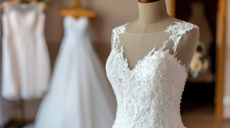 This stunning bridal gown features exquisite lace detailing and elegant design, showcased beautifully in a tranquil bridal boutique environment.の素材