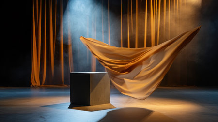 A captivating scene featuring a flowing piece of fabric gracefully draped over a minimalist pedestal, illuminated by dramatic stage lighting and soft smoke.の素材