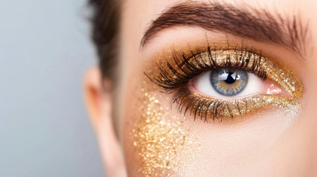 This stunning close-up captures a mesmerizing eye adorned with golden glitter makeup, showcasing intricate details and textures perfect for fashion and beauty themes.の素材