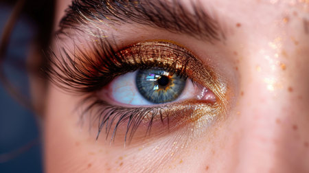 This captivating close-up image showcases a stunning eye adorned with glamorous makeup, featuring shimmering glitter and lush eyelashes, set against a soft, blurred background.の素材