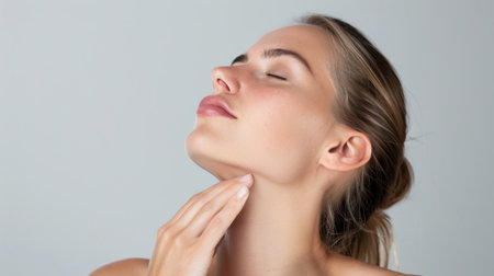 A young woman exudes tranquility as she gently touches her neck. The soft expression and minimal background create a serene atmosphere, showcasing beauty and wellness.の素材