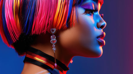 A striking portrait of a woman with a vibrant bob hairstyle featuring bold colors, dramatic makeup, and sparkling jewelry, beautifully lit for artistic effect.の素材