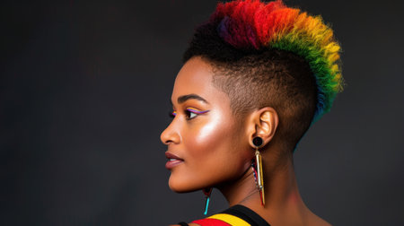 A stunning profile shot of a woman showcasing a vibrant rainbow hairstyle and bold makeup against a dark background, emphasizing her beauty and confidence.の素材