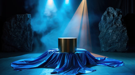 This captivating image features a dramatic stage setup with a golden cylindrical object, illuminated by vibrant spotlights, against a backdrop of rocks. The blue fabric adds depth and texture, enhancing the artistic atmosphere.の素材
