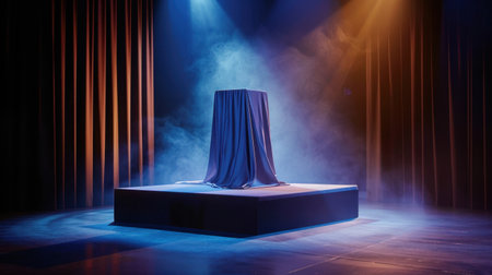 A dramatic scene featuring a covered object on a stage, surrounded by colorful lighting and fog, creating an atmosphere of mystery and anticipation.の素材