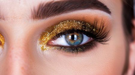 This captivating close-up image showcases an eye adorned with shimmering gold glitter, emphasizing the vibrant blue iris and long, luxurious lashes.の素材