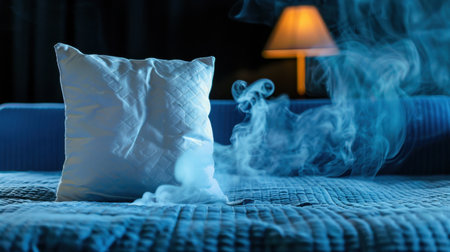 A soft white pillow exudes a feeling of tranquility as mystical smoke rises above a cozy bedspread, illuminated by a warm ambient light in a dark room.の素材