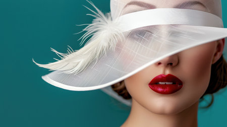 A captivating portrait of an elegant woman showcasing a stylish hat adorned with feathers and bold red lips, set against a vibrant turquoise background.の素材