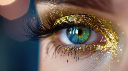 This captivating close-up image showcases a vibrant eye adorned with striking golden glitter makeup and long, beautiful eyelashes, emphasizing color and detail.の素材