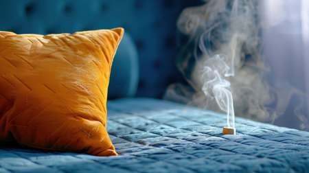 A cozy blue bed features a soft orange pillow, enhancing the tranquil atmosphere as gentle smoke rises, creating a serene and inviting scene.の素材